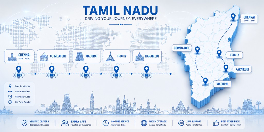 Tamil Nadu map with acting driver routes across Chennai, Coimbatore, Madurai, Trichy and Karaikudi